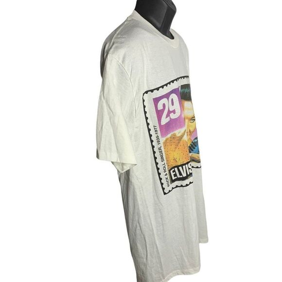 Vintage 90s Elvis Stamp Crewneck T Shirt XL White Single Stitch Short Sleeves - Picture 7 of 8